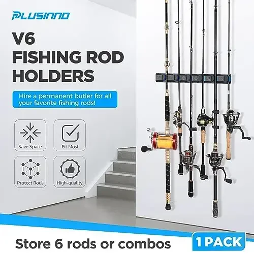 PLUSINNO Fishing Rod Holders - V6 Vertical Support for Extra Large & Heavy Fishing Rod Combos, Garage & Wall Mounted Rack Storage - PLUSINNO (1)