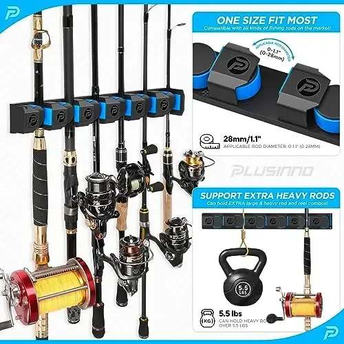PLUSINNO Fishing Rod Holders - V6 Vertical Support for Extra Large & Heavy Fishing Rod Combos, Garage & Wall Mounted Rack Storage - 3