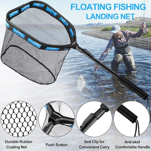 PLUSINNO Floating Fishing Net for Steelhead, Salmon, Fly, Kayak, Catfish, Bass, Trout Fishing, Rubber Coated Landing Net for Easy Catch & Release, Compact & Foldable for Easy Transportation & Storage - 3