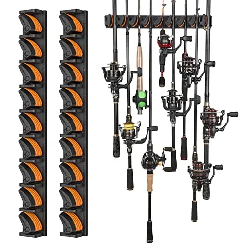 PLUSINNO V9 Vertical Fishing Rod Holders, 2 Packs Wall Mounted Fishing Pole Holders, Fishing Rod Racks Hold Up to 18 Rods or Combos, Fishing Pole Holders for Garage, Fits Most Rods of Diameter 3-19mm - 1