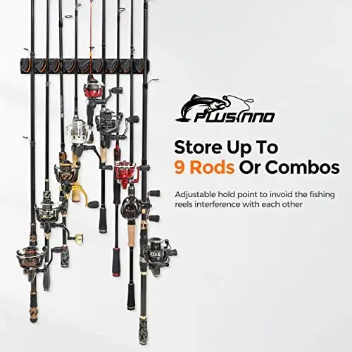 PLUSINNO V9 Vertical Fishing Rod Holders, 2 Packs Wall Mounted Fishing Pole Holders, Fishing Rod Racks Hold Up to 18 Rods or Combos, Fishing Pole Holders for Garage, Fits Most Rods of Diameter 3-19mm - PLUSINNO (1)