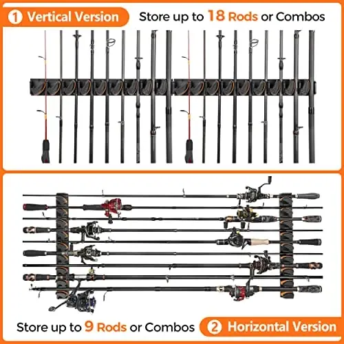 PLUSINNO V9 Vertical Fishing Rod Holders, 2 Packs Wall Mounted Fishing Pole Holders, Fishing Rod Racks Hold Up to 18 Rods or Combos, Fishing Pole Holders for Garage, Fits Most Rods of Diameter 3-19mm - 6