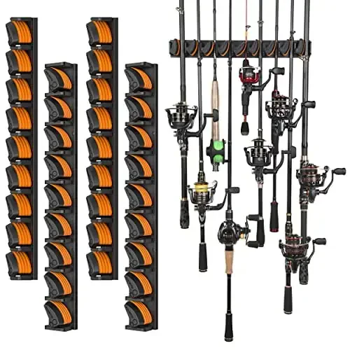 PLUSINNO V9 Vertical Fishing Rod Holders, Wall Mount 4-Pack - Holds 36 Rods, Diameter 3-19mm - 1