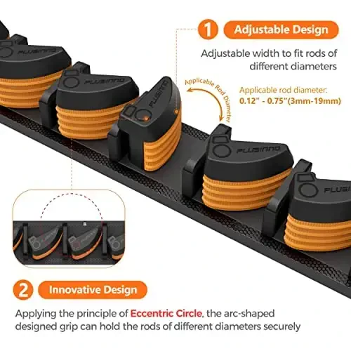 PLUSINNO V9 Vertical Fishing Rod Holders, 2 Packs Wall Mounted Fishing Pole Holders, Fishing Rod Racks Hold Up to 18 Rods or Combos, Fishing Pole Holders for Garage, Fits Most Rods of Diameter 3-19mm - 4