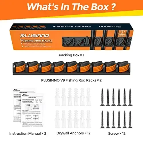 PLUSINNO V9 Vertical Fishing Rod Holders, 2 Packs Wall Mounted Fishing Pole Holders, Fishing Rod Racks Hold Up to 18 Rods or Combos, Fishing Pole Holders for Garage, Fits Most Rods of Diameter 3-19mm - 7