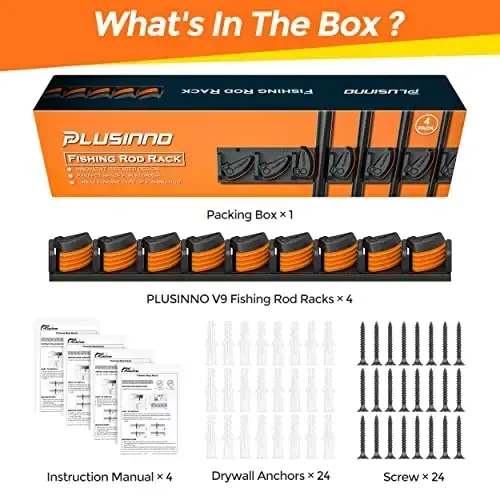 PLUSINNO V9 Vertical Fishing Rod Holders, Wall Mount 4-Pack - Holds 36 Rods, Diameter 3-19mm - 7