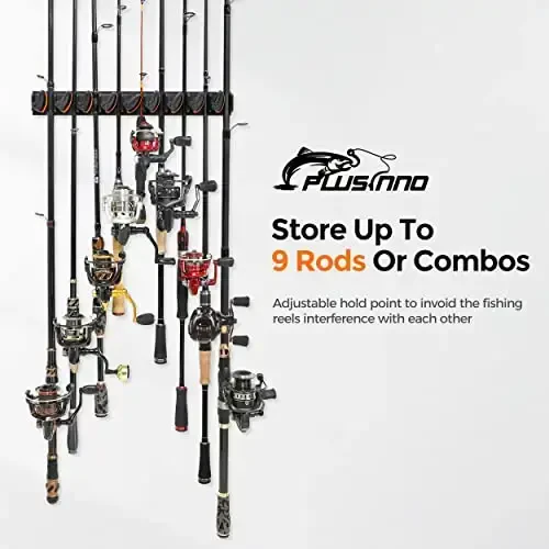 PLUSINNO V9 Vertical Fishing Rod Holders, Wall Mounted Fishing Pole Holders, Fishing Rod Rack Holds Up to 9 Rods or Combos, Fishing Rod Holders for Garage, Fits Most Rods of Diameter 3-19mm - PLUSINNO (1)