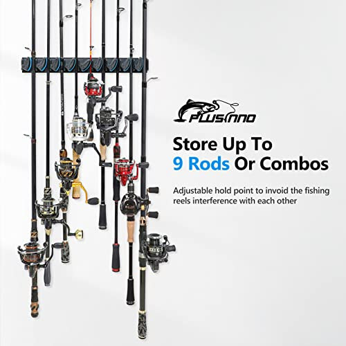 PLUSINNO Vertical Fishing Rod Holder, Wall Mounted Fishing Rod Rack, Fishing Pole Holder Holds Up to 9 Rods or Combos, Fishing Rod Holders for Garage, Fits Most Rods of Diameter 3-19mm - 3