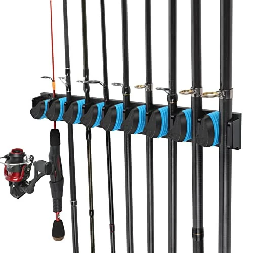 PLUSINNO Vertical Fishing Rod Holder, Wall Mounted Fishing Rod Rack, Fishing Pole Holder Holds Up to 9 Rods or Combos, Fishing Rod Holders for Garage, Fits Most Rods of Diameter 3-19mm - PLUSINNO (1)