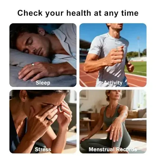 POBOVi Smart Ring ayollar erkaklar uchun- Uyqu/Fitness/Stress/ Yurak urishi kuzatuvchisi- Hayz yozuvlari - 7 kun batareya quvvati - Simsiz zaryadlash - APP obunasi yo'q - iOS & Android mos (Qora, 8-o'lcham) - 6