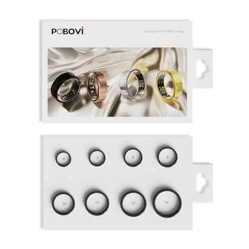 POBOVi Smart Ring erkaklar/ayollar uchun – Uyqu, HRV, yurak urishi, qon kislorodi bilan fitnes trekeri – IP68 suv o'tkazmaydigan, obuna yo'q, iOS va Android – Aniq moslash uchun o'lchash to'plami (faqat uzuk o'lchagichni o'z ichiga oladi) - POBOVI