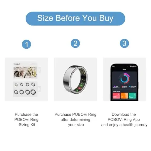 POBOVi Smart Ring erkaklar/ayollar uchun – Uyqu, HRV, yurak urishi, qon kislorodi bilan fitnes trekeri – IP68 suv o'tkazmaydigan, obuna yo'q, iOS va Android – Aniq moslash uchun o'lchash to'plami (faqat uzuk o'lchagichni o'z ichiga oladi) - POBOVI (1)