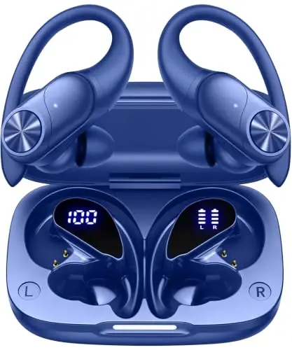 PocBuds Беспроводные наушники Bluetooth Беспроводные наушники 80 часов воспроизведения Чехол для беспроводной зарядки Цифровой дисплей Спортивные наушники с ушным крючком Глубокий бас IPX7 Водонепроницаемые наушники для телевизора телефона ноутбука Синие 