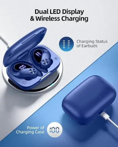 PocBuds Беспроводные наушники Bluetooth Беспроводные наушники 80 часов воспроизведения Чехол для беспроводной зарядки Цифровой дисплей Спортивные наушники с ушным крючком Глубокий бас IPX7 Водонепроницаемые наушники для телевизора телефона ноутбука Синие - 3