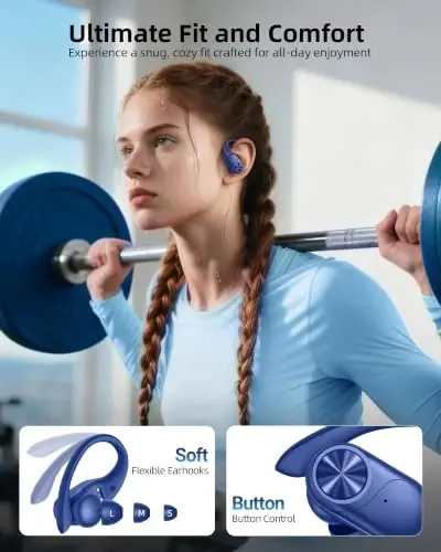 PocBuds Беспроводные наушники Bluetooth Беспроводные наушники 80 часов воспроизведения Чехол для беспроводной зарядки Цифровой дисплей Спортивные наушники с ушным крючком Глубокий бас IPX7 Водонепроницаемые наушники для телевизора телефона ноутбука Синие - 6