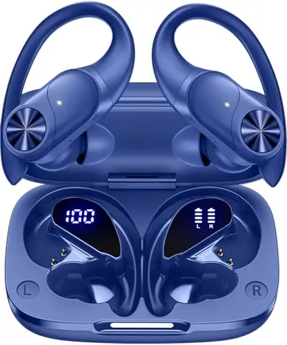 PocBuds Bluetooth eshitish vositasi simsiz quloqchinlar 80 soatlik o'yin vaqti simsiz zaryadlash qutisi raqamli displey sport quloq kurtaklari quloq ilgagi chuqur bass IPX7 suv o'tkazmaydigan televizor telefon noutbuki uchun quloqchinlar dengiz floti - 1