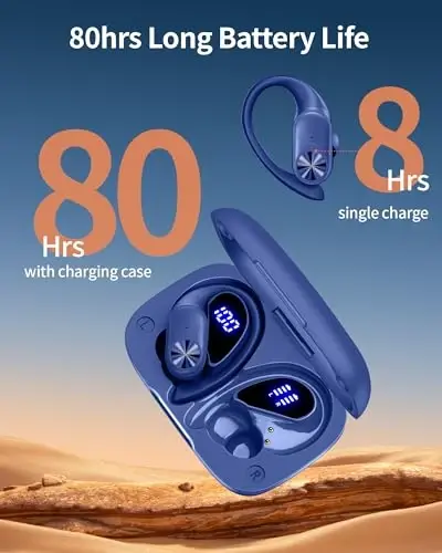 PocBuds Bluetooth eshitish vositasi simsiz quloqchinlar 80 soatlik o'yin vaqti simsiz zaryadlash qutisi raqamli displey sport quloq kurtaklari quloq ilgagi chuqur bass IPX7 suv o'tkazmaydigan televizor telefon noutbuki uchun quloqchinlar dengiz floti - 2