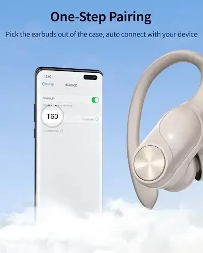 PocBuds Bluetooth Headphones Wireless Earbuds 80hrs Playtime Wireless Charging Case Digital Display Sport Ear buds with Earhook Deep Bass IPX7 Waterproof Over-Ear Earphones for Phone Laptop Pearl Gray - 4