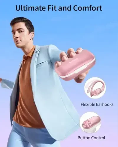 PocBuds Bluetooth Headphones Wireless Earbuds 80hrs Playtime Wireless Charging Case Digital Display Sport Ear Buds with Earhook Deep Bass IPX7 Waterproof Over-Ear Earphones for Phone Laptop Rose Gold - 5