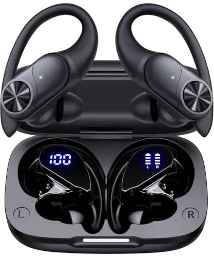 PocBuds Bluetooth Headphones Wireless Earbuds 80hrs Playtime Wireless Charging Case Digital Display Sports Ear Buds with Earhook Deep Bass IPX7 Waterproof Over-Ear Earphones for TV Phone Laptop Black - 1