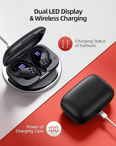 PocBuds Bluetooth Headphones Wireless Earbuds 80hrs Playtime Wireless Charging Case Digital Display Sports Ear Buds with Earhook Deep Bass IPX7 Waterproof Over-Ear Earphones for TV Phone Laptop Black - 3