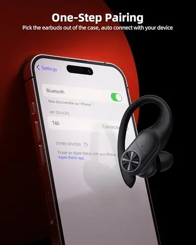 PocBuds Bluetooth Headphones Wireless Earbuds 80hrs Playtime Wireless Charging Case Digital Display Sports Ear Buds with Earhook Deep Bass IPX7 Waterproof Over-Ear Earphones for TV Phone Laptop Black - 4