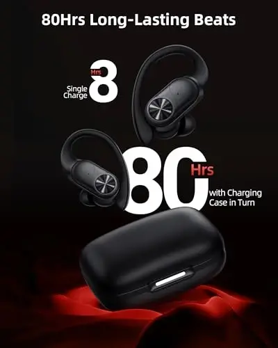 PocBuds Bluetooth Headphones Wireless Earbuds 80hrs Playtime Wireless Charging Case Digital Display Sports Ear Buds with Earhook Deep Bass IPX7 Waterproof Over-Ear Earphones for TV Phone Laptop Black - POCBUDS (1)