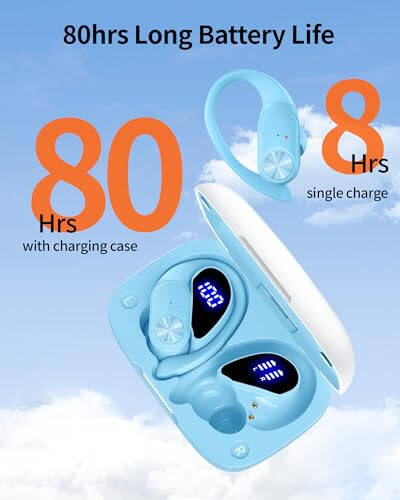 PocBuds Bluetooth Headphones Wireless Earbuds 80hrs Playtime Wireless Charging Case Digital Display Sports Ear Buds with Earhook Deep Bass IPX7 Waterproof Over-Ear Earphones for TV Phone Laptop Blue - 2