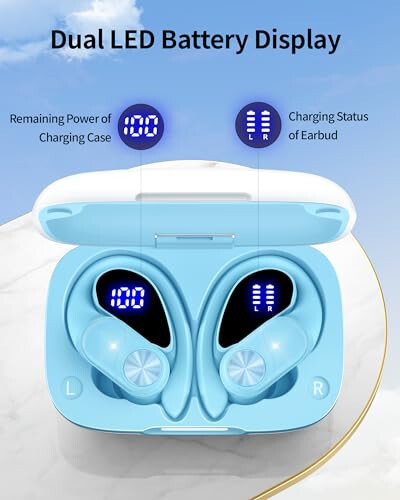 PocBuds Bluetooth Headphones Wireless Earbuds 80hrs Playtime Wireless Charging Case Digital Display Sports Ear Buds with Earhook Deep Bass IPX7 Waterproof Over-Ear Earphones for TV Phone Laptop Blue - 3