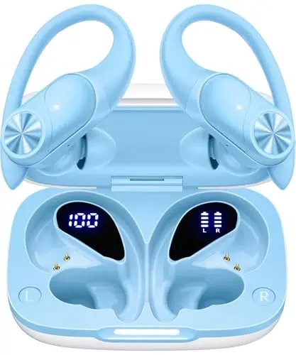 PocBuds Bluetooth Headphones Wireless Earbuds 80hrs Playtime Wireless Charging Case Digital Display Sports Ear Buds with Earhook Deep Bass IPX7 Waterproof Over-Ear Earphones for TV Phone Laptop Blue - POCBUDS