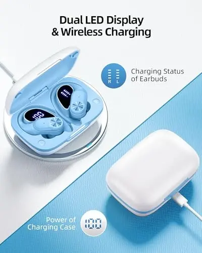 PocBuds Bluetooth Headphones Wireless Earbuds 80hrs Playtime Wireless Charging Case Digital Display Sports Ear Buds with Earhook Deep Bass IPX7 Waterproof Over-Ear Earphones for TV Phone Laptop Blue - 3