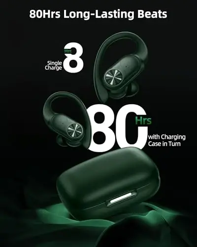 PocBuds Bluetooth Headphones Wireless Earbuds 80hrs Playtime Wireless Charging Case Digital Display Sports Ear Buds with Earhook Deep Bass IPX7 Waterproof Over-Ear Earphones for TV Phone Laptop Olive - 2