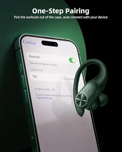 PocBuds Bluetooth Headphones Wireless Earbuds 80hrs Playtime Wireless Charging Case Digital Display Sports Ear Buds with Earhook Deep Bass IPX7 Waterproof Over-Ear Earphones for TV Phone Laptop Olive - 4