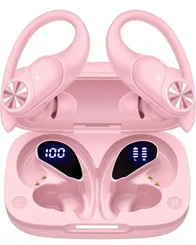 PocBuds Bluetooth Headphones Wireless Earbuds 80hrs Playtime Wireless Charging Case Digital Display Sports Ear Buds with Earhook Deep Bass IPX7 Waterproof Over-Ear Earphones for TV Phone Laptop Pink - 1