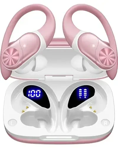 PocBuds Bluetooth Headphones Wireless Earbuds 80hrs Playtime Wireless Charging Case Digital Display Sport Ear Buds with Earhook Deep Bass IPX7 Waterproof Over-Ear Earphones for Phone Laptop Rose Gold - PocBuds