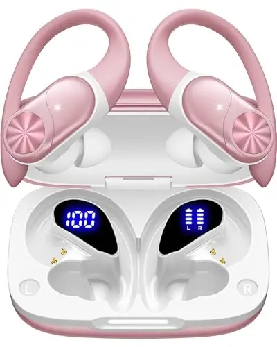 PocBuds Bluetooth Headphones Wireless Earbuds 80hrs Playtime Wireless Charging Case Digital Display Sport Ear Buds with Earhook Deep Bass IPX7 Waterproof Over-Ear Earphones for Phone Laptop Rose Gold - 1