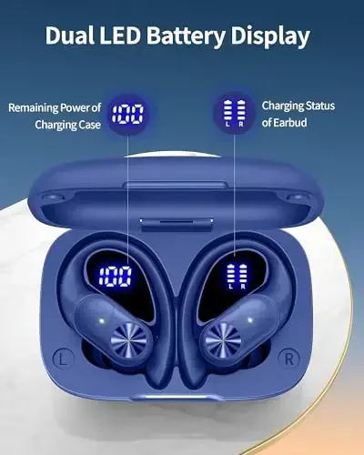 PocBuds Bluetooth Headphones Wireless Earbuds 80hrs Playtime Wireless Charging Case Digital Display Sports Ear Buds with Earhook Deep Bass IPX7 Waterproof Over-Ear Earphones for TV Phone Laptop Navy - 3