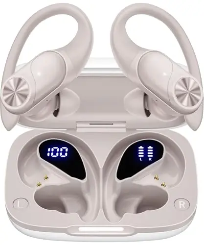 PocBuds Bluetooth Headphones Wireless Earbuds 80hrs Playtime Wireless Charging Case Digital Display Sport Ear Buds with Earhook Deep Bass IPX7 Waterproof Over-Ear Earphones for Phone Laptop Beige - 1