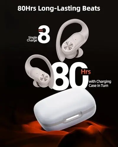 PocBuds Bluetooth Headphones Wireless Earbuds 80hrs Playtime Wireless Charging Case Digital Display Sport Ear Buds with Earhook Deep Bass IPX7 Waterproof Over-Ear Earphones for Phone Laptop Beige - POCBUDS (1)