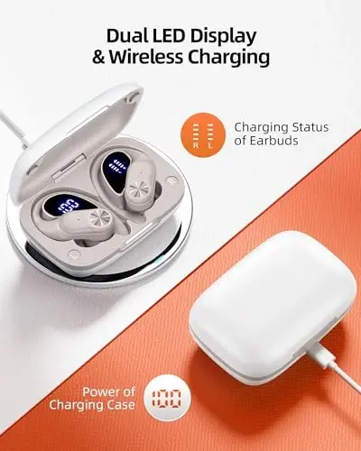PocBuds Bluetooth Headphones Wireless Earbuds 80hrs Playtime Wireless Charging Case Digital Display Sport Ear Buds with Earhook Deep Bass IPX7 Waterproof Over-Ear Earphones for Phone Laptop Beige - 3