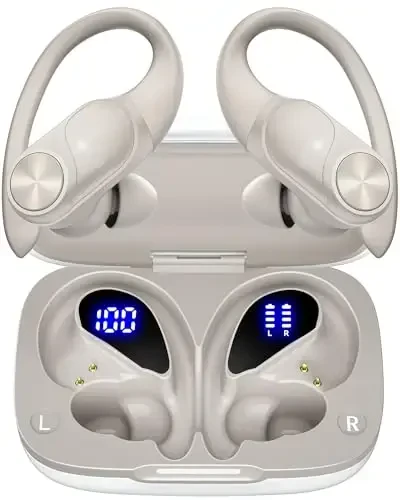 PocBuds Bluetooth Headphones Wireless Earbuds 80hrs Playtime Wireless Charging Case Digital Display Sport Ear Buds with Earhook Deep Bass IPX7 Waterproof Over-Ear Earphones for Phone Laptop Beige 