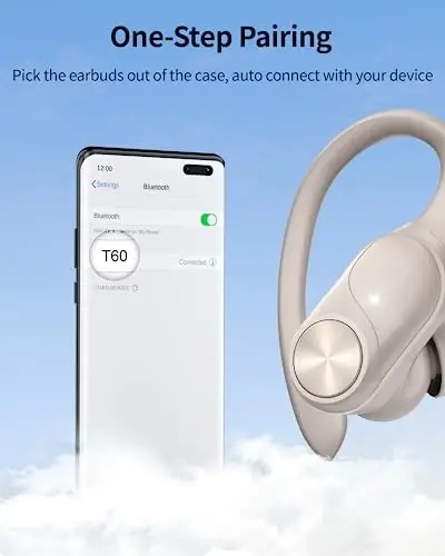 PocBuds Bluetooth Headphones Wireless Earbuds 80hrs Playtime Wireless Charging Case Digital Display Sport Ear Buds with Earhook Deep Bass IPX7 Waterproof Over-Ear Earphones for Phone Laptop Beige - 4