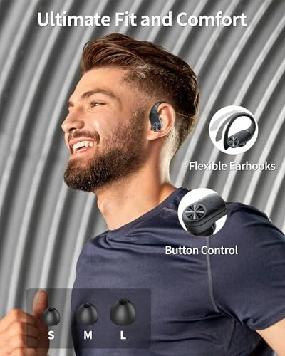 PocBuds Bluetooth Headphones Wireless Earbuds 80hrs Playtime Wireless Charging Case Digital Display Sports Ear Buds with Earhook Deep Bass IPX7 Waterproof Over-Ear Earphones for TV Phone Laptop Black - 4