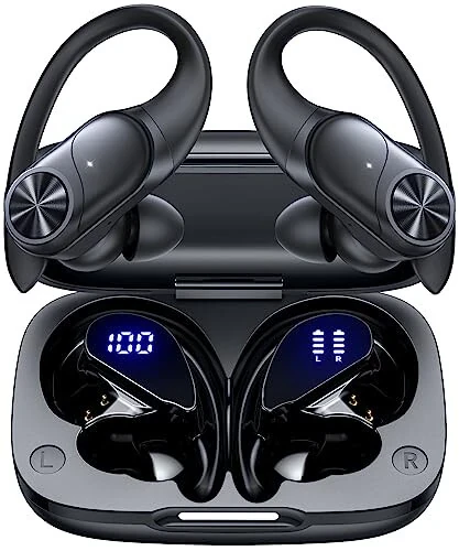 PocBuds Bluetooth Headphones Wireless Earbuds 80hrs Playtime Wireless Charging Case Digital Display Sports Ear Buds with Earhook Deep Bass IPX7 Waterproof Over-Ear Earphones for TV Phone Laptop Black - 5