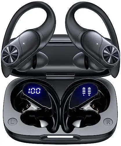 PocBuds Bluetooth Headphones Wireless Earbuds 80hrs Playtime Wireless Charging Case Digital Display Sports Ear Buds with Earhook Deep Bass IPX7 Waterproof Over-Ear Earphones for TV Phone Laptop Black - 5