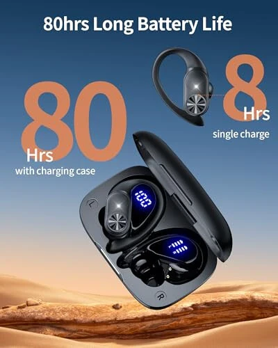 PocBuds Bluetooth Headphones Wireless Earbuds 80hrs Playtime Wireless Charging Case Digital Display Sports Ear Buds with Earhook Deep Bass IPX7 Waterproof Over-Ear Earphones for TV Phone Laptop Black - PocBuds