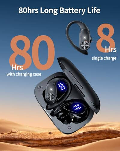 PocBuds Bluetooth Headphones Wireless Earbuds 80hrs Playtime Wireless Charging Case Digital Display Sports Ear Buds with Earhook Deep Bass IPX7 Waterproof Over-Ear Earphones for TV Phone Laptop Black - 1