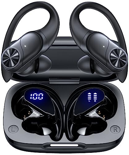 PocBuds Bluetooth Headphones Wireless Earbuds 80hrs Playtime Wireless Charging Case Digital Display Sports Ear Buds with Earhook Deep Bass IPX7 Waterproof Over-Ear Earphones for TV Phone Laptop Black - 5