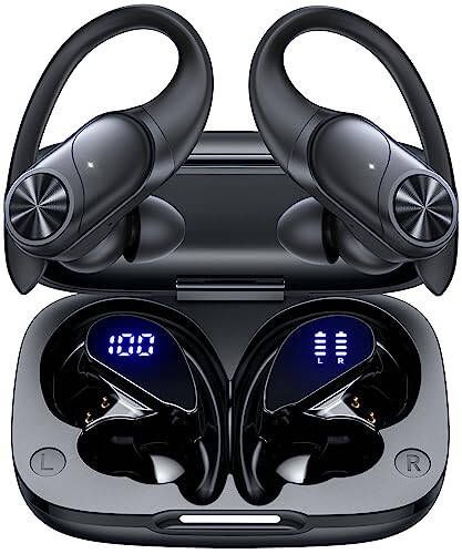 PocBuds Bluetooth Headphones Wireless Earbuds 80hrs Playtime Wireless Charging Case Digital Display Sports Ear Buds with Earhook Deep Bass IPX7 Waterproof Over-Ear Earphones for TV Phone Laptop Black - 5
