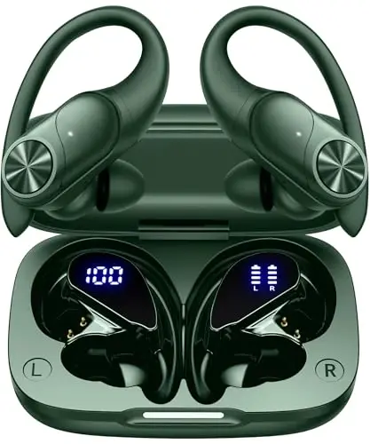 PocBuds Bluetooth Headphones Wireless Earbuds 80hrs Playtime Wireless Charging Case Digital Display Sports Ear Buds with Earhook Deep Bass IPX7 Waterproof Over-Ear Earphones for TV Phone Laptop Olive 